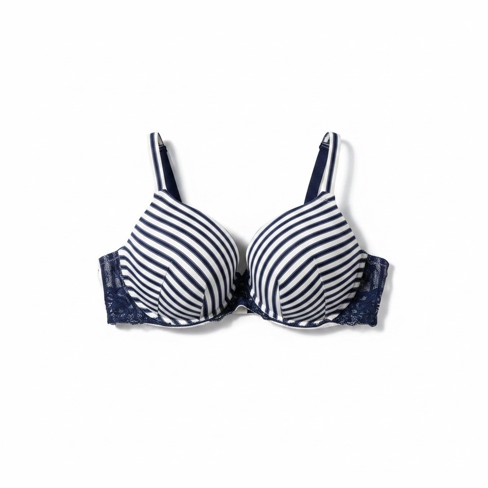 Cacique Boost Plunge Bra 44DD Navy White Striped Lace Trim Push Up Underwire